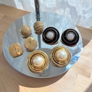 Vintage 80s 90s Gold Tone Clip On Earring Bundle Lot of 4 Faux Pearl Glam